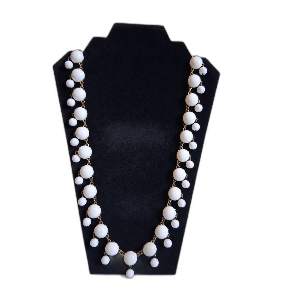 White and Gold Toned Round Acrylic Dangle Beaded Long Length Statement Necklace